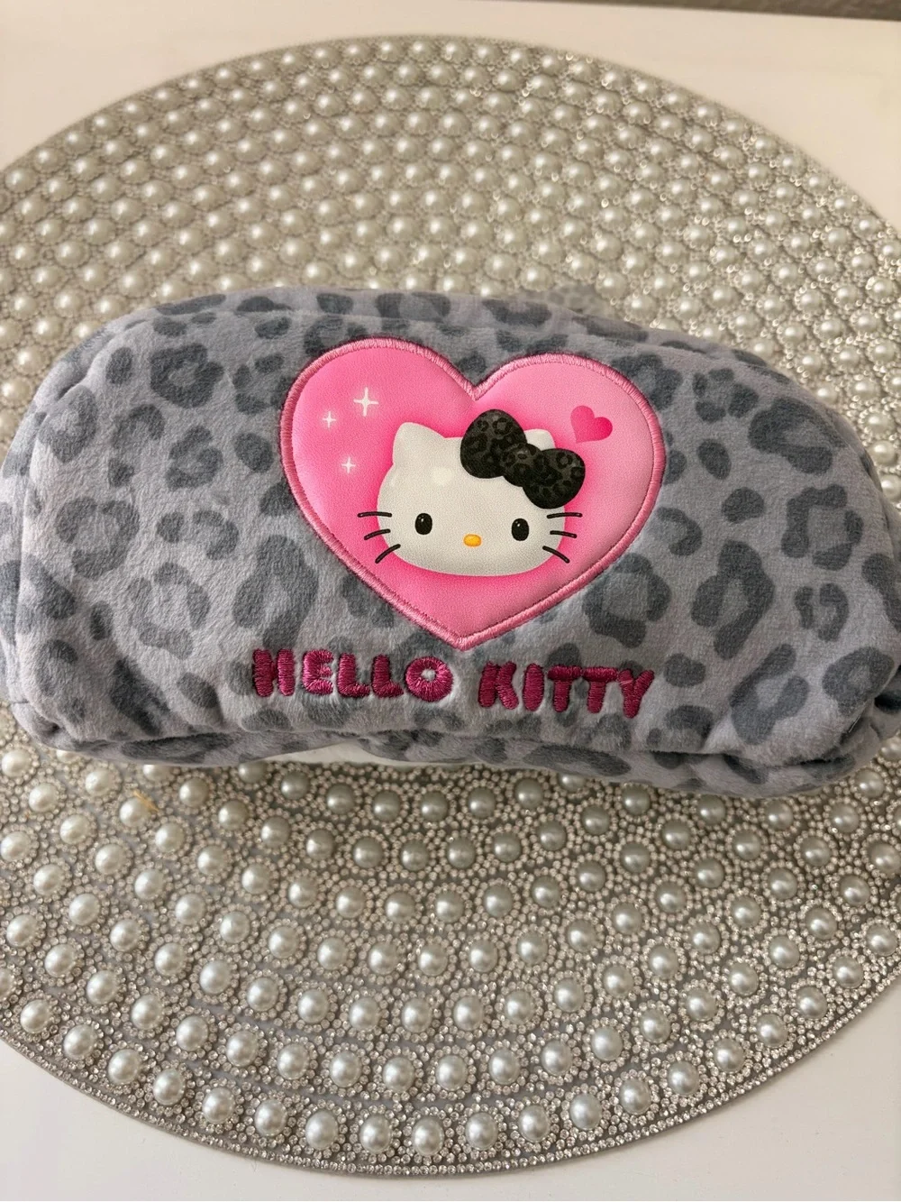 Sanrio Hello Kitty White Cosmetic Bag with Gray Leopard Bow